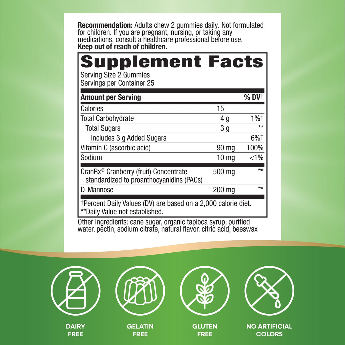Supplement facts label with green background