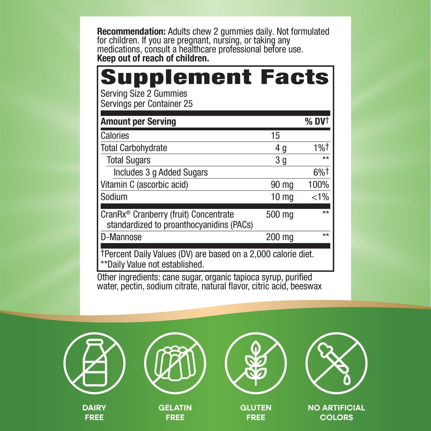 Supplement facts label with green background