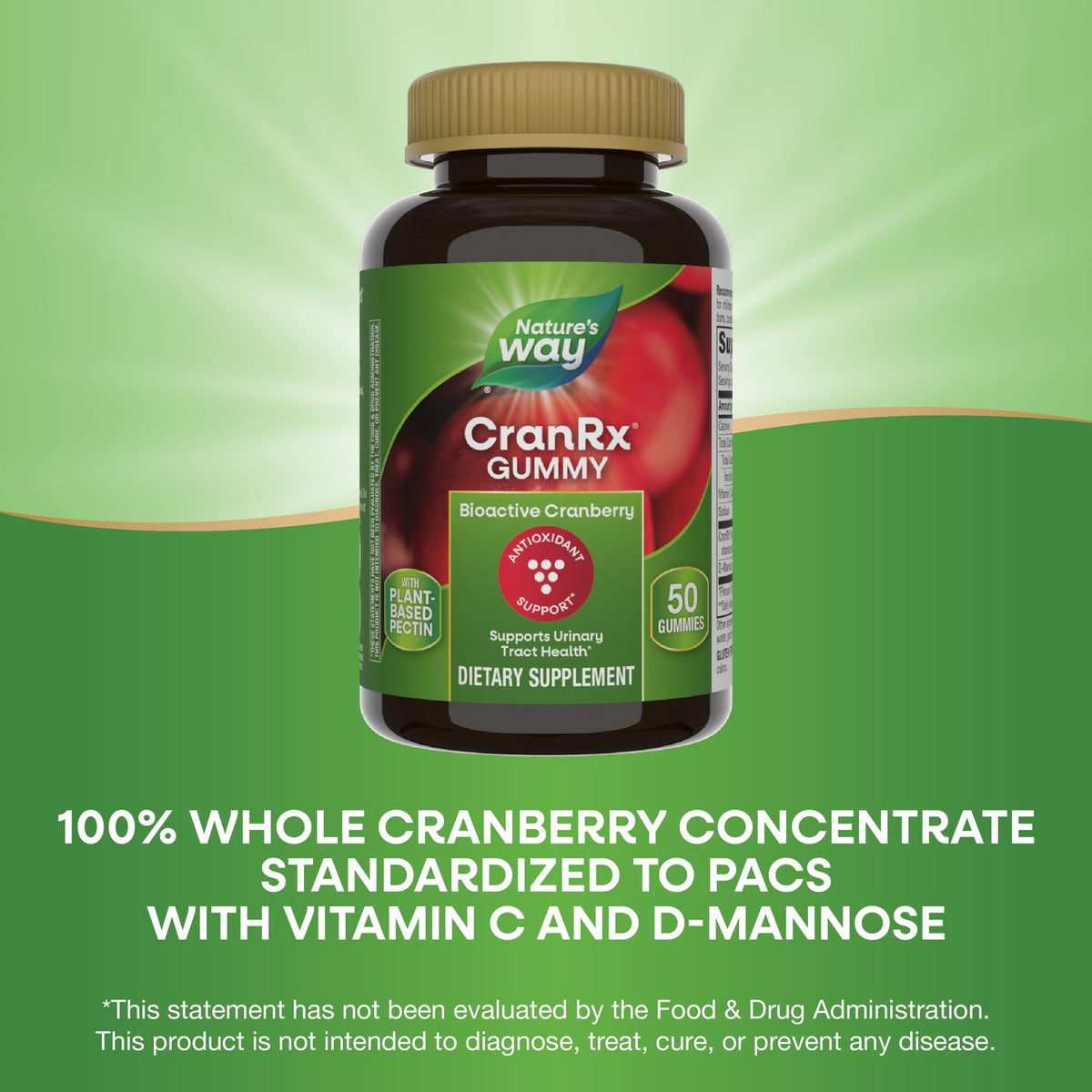 Nature's Way CranRx Gummy dietary supplement bottle on a green background