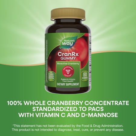Nature's Way CranRx Gummy dietary supplement bottle on a green background