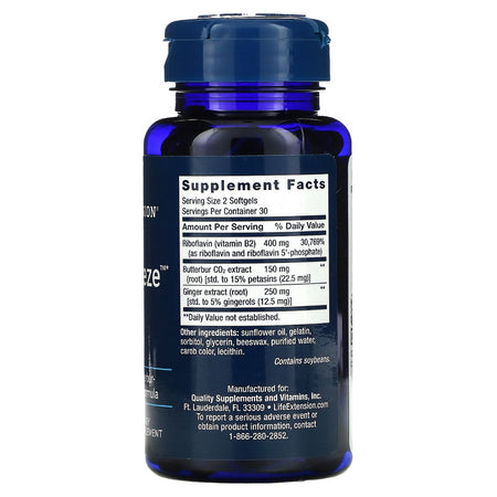 Supplement Facts Life Extension MigraEeze 60cp | Healthway