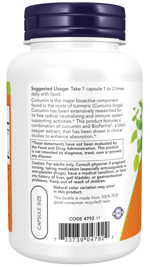 Supplements - Now Turmeric Curcumin BioPerine 90v