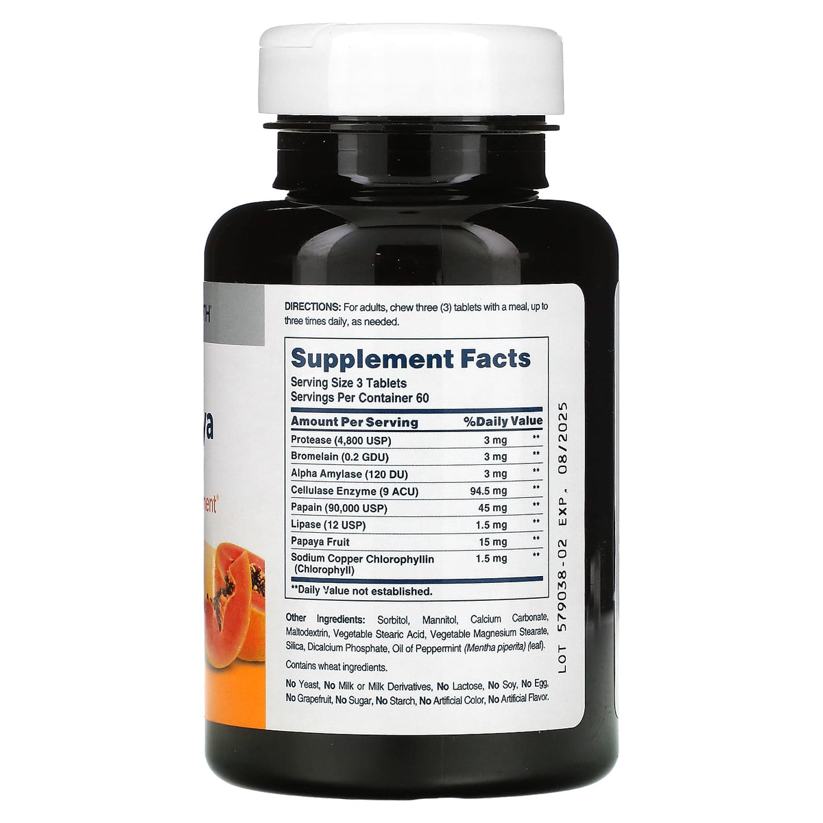 Supplement Facts American Health Super Papaya Enzyme 180ch 
