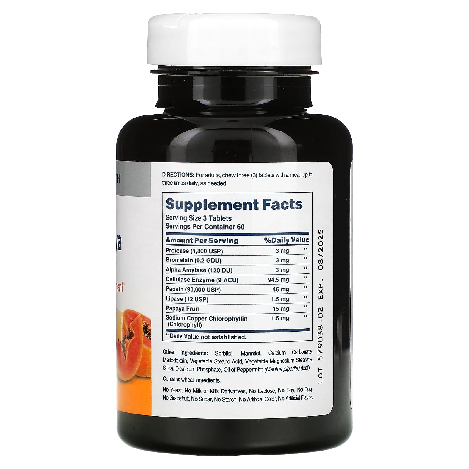 Supplement Facts American Health Super Papaya Enzyme 180ch 