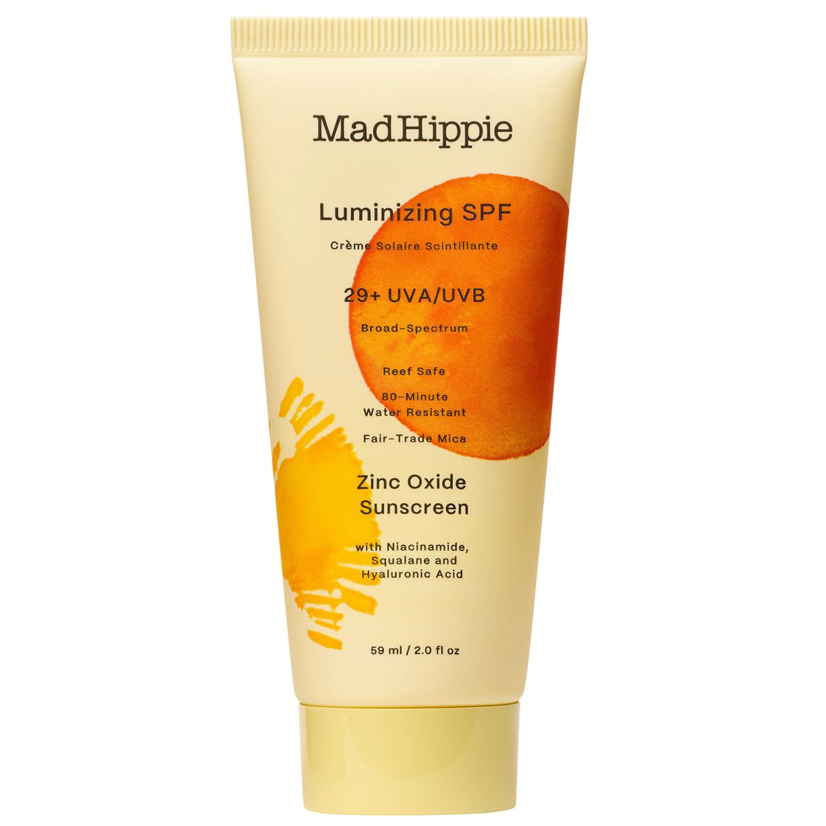 Mad Hippie Luminizing SPF sunscreen tube on a white background