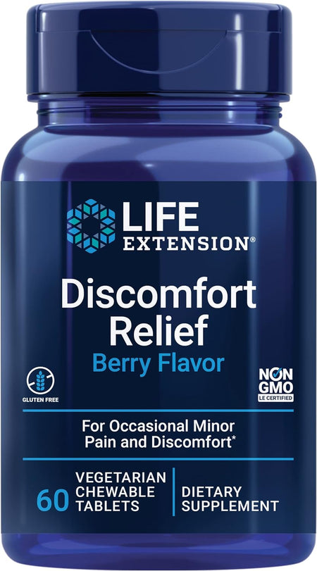 Life Extension Discomfort Relief supplement bottle with blue label on a white background