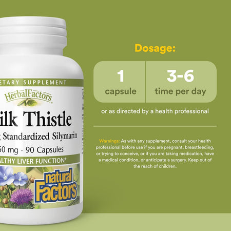 Herbal supplement bottle with dosage information on a green background