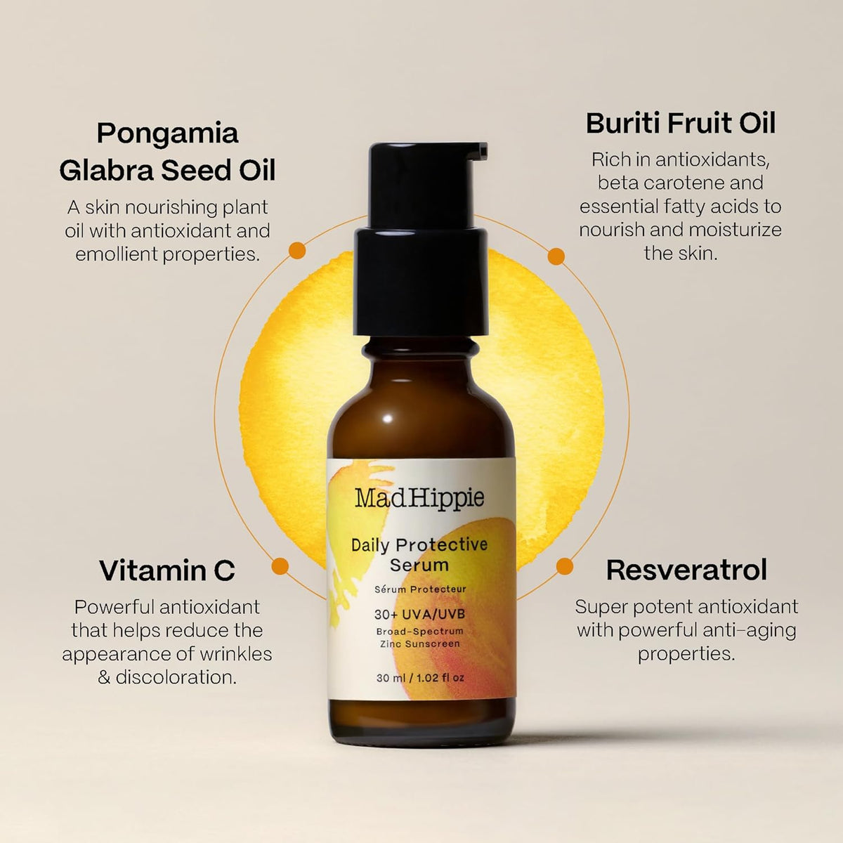 Mad Hippie Daily Protective Serum with ingredients listed on a beige background