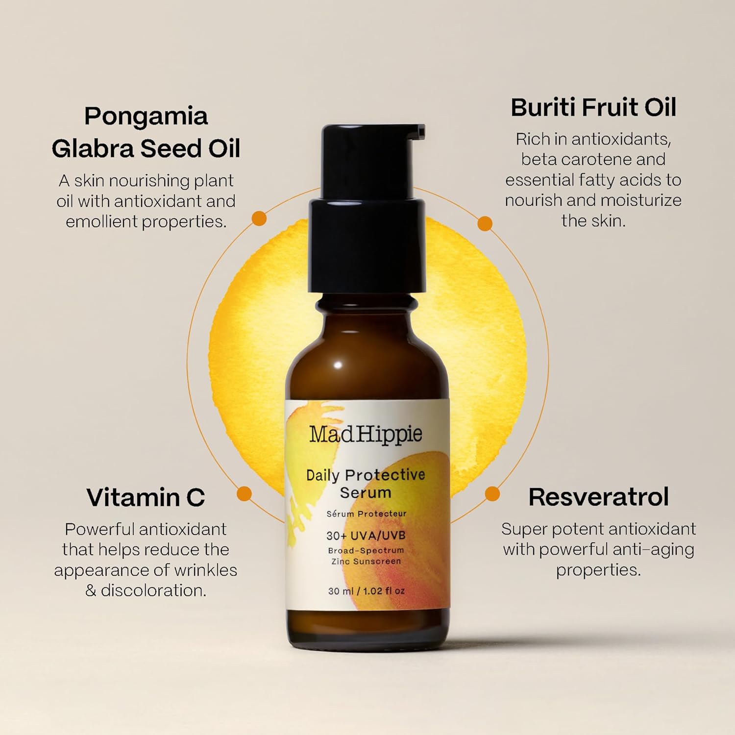 Mad Hippie Daily Protective Serum with ingredients listed on a beige background