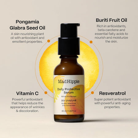 Mad Hippie Daily Protective Serum with ingredients listed on a beige background