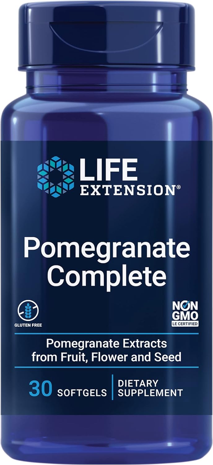 Blue supplement bottle labeled 'Pomegranate Complete' by Life Extension on a white background