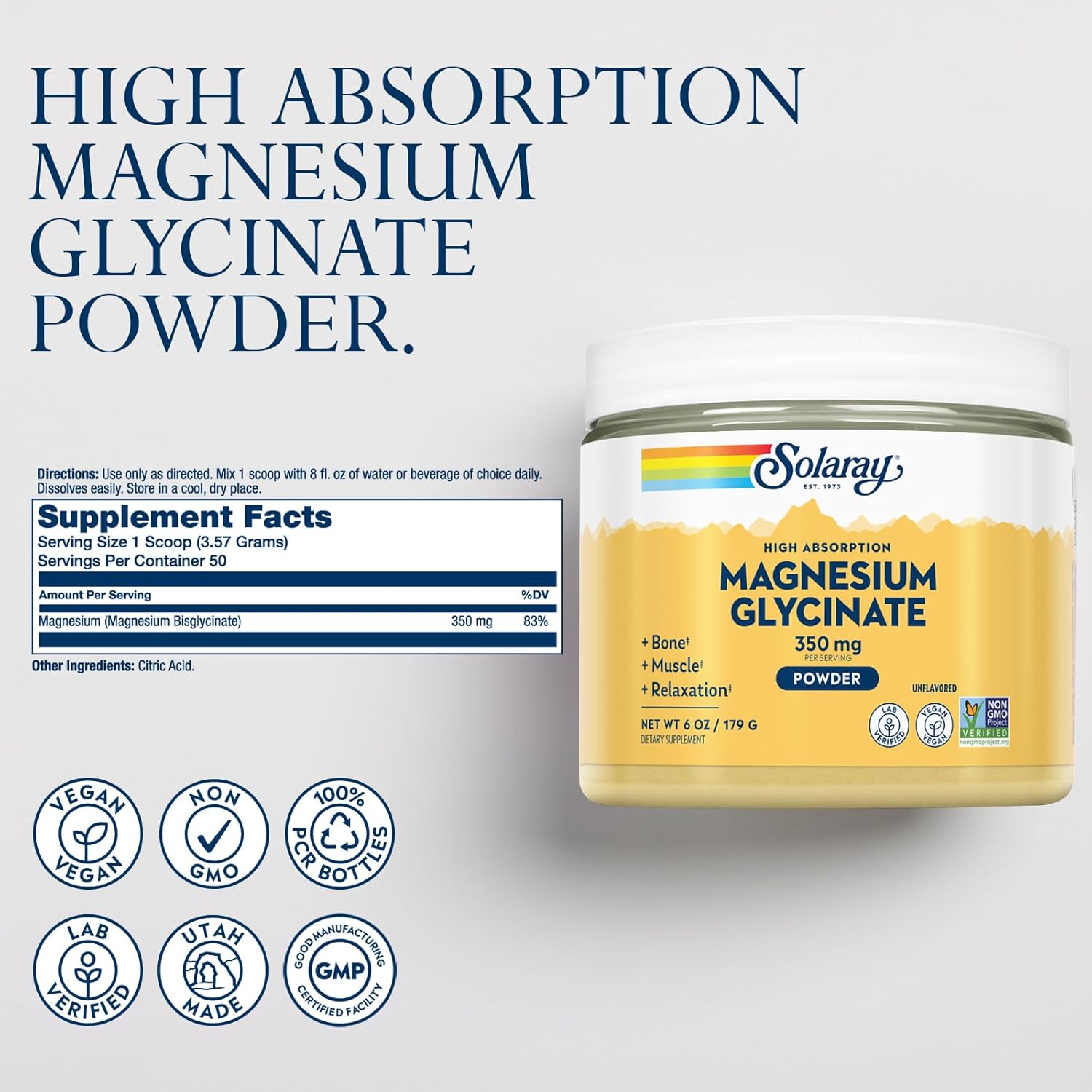 Solaray Magnesium Glycinate Powder 350mg 6oz