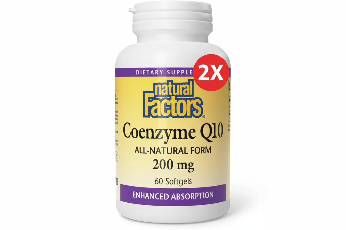 Natural Factors Coenzyme Q10 dietary supplement bottle on a white background