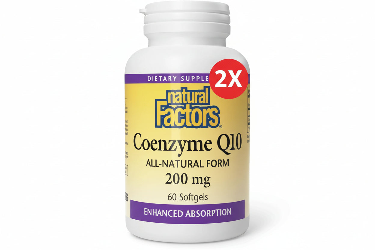 Natural Factors Coenzyme Q10 dietary supplement bottle on a white background