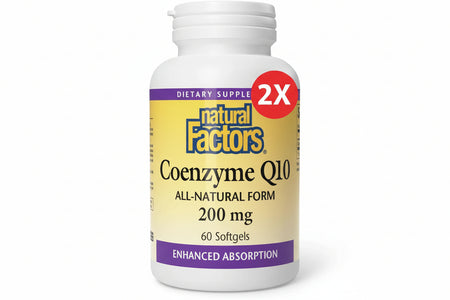 Natural Factors Coenzyme Q10 dietary supplement bottle on a white background