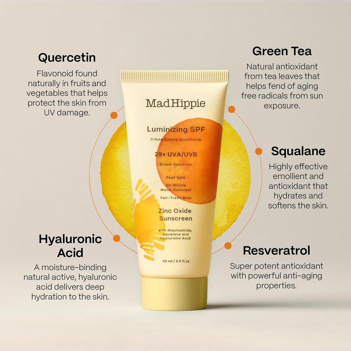 Mad Hippie Luminizing SPF sunscreen tube with ingredients listed on a beige background