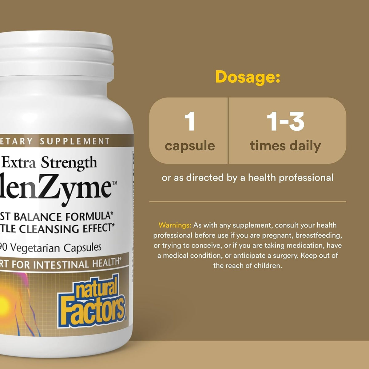 Bottle of Extra Strength Enzyme supplement with dosage instructions on a brown background