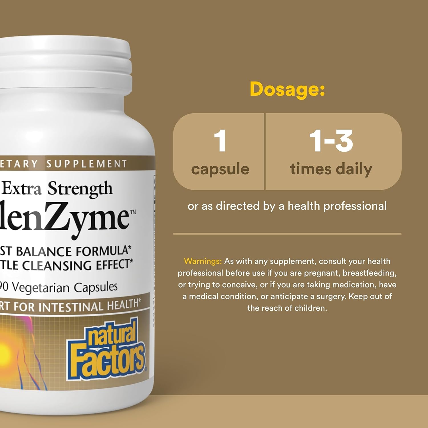 Bottle of Extra Strength Enzyme supplement with dosage instructions on a brown background