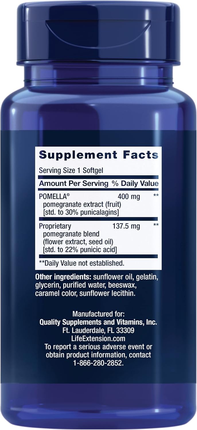 Blue supplement bottle with label showing 'Pomella' and 'Life Extension' branding.