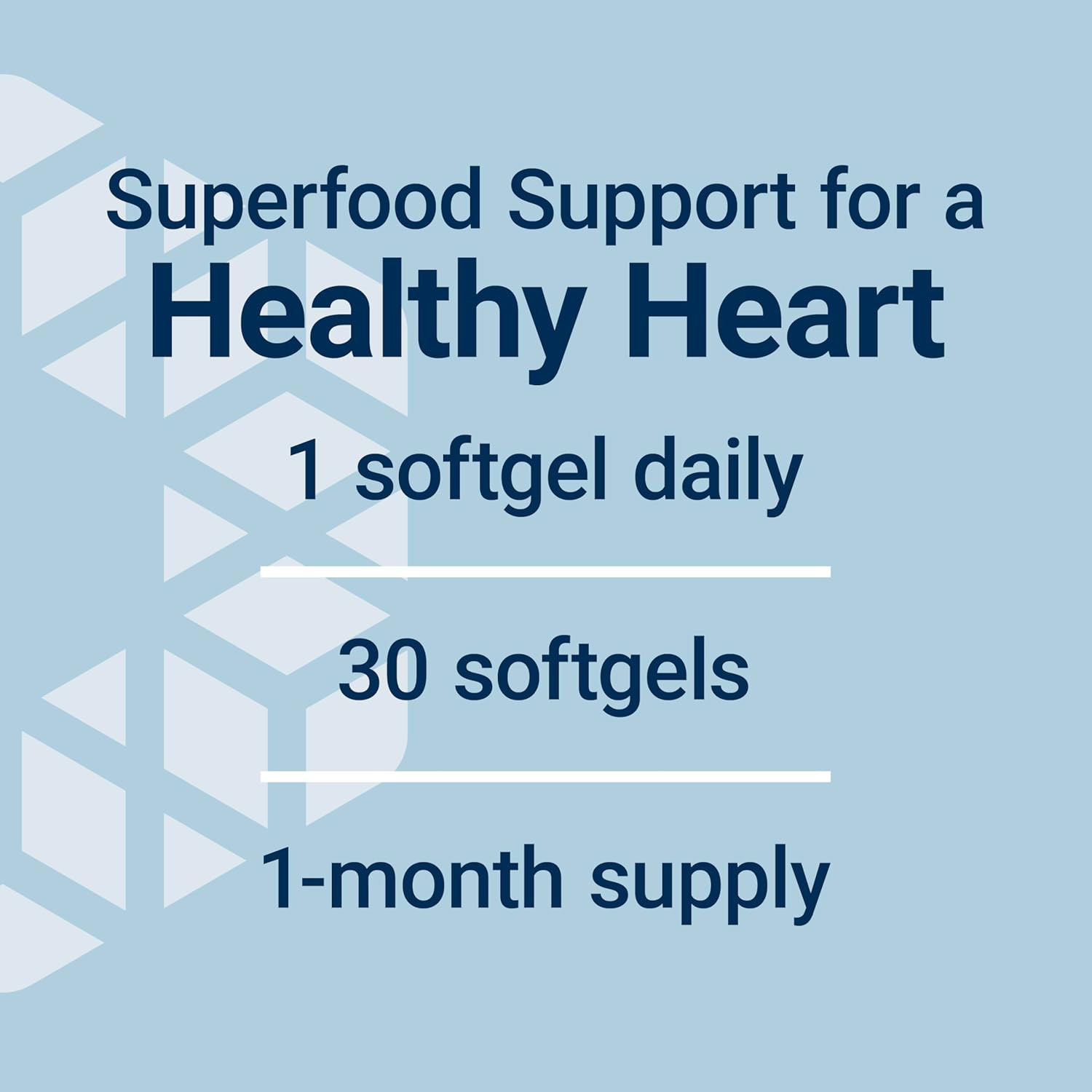 Supplement packaging with text about superfood support for a healthy heart on a blue background