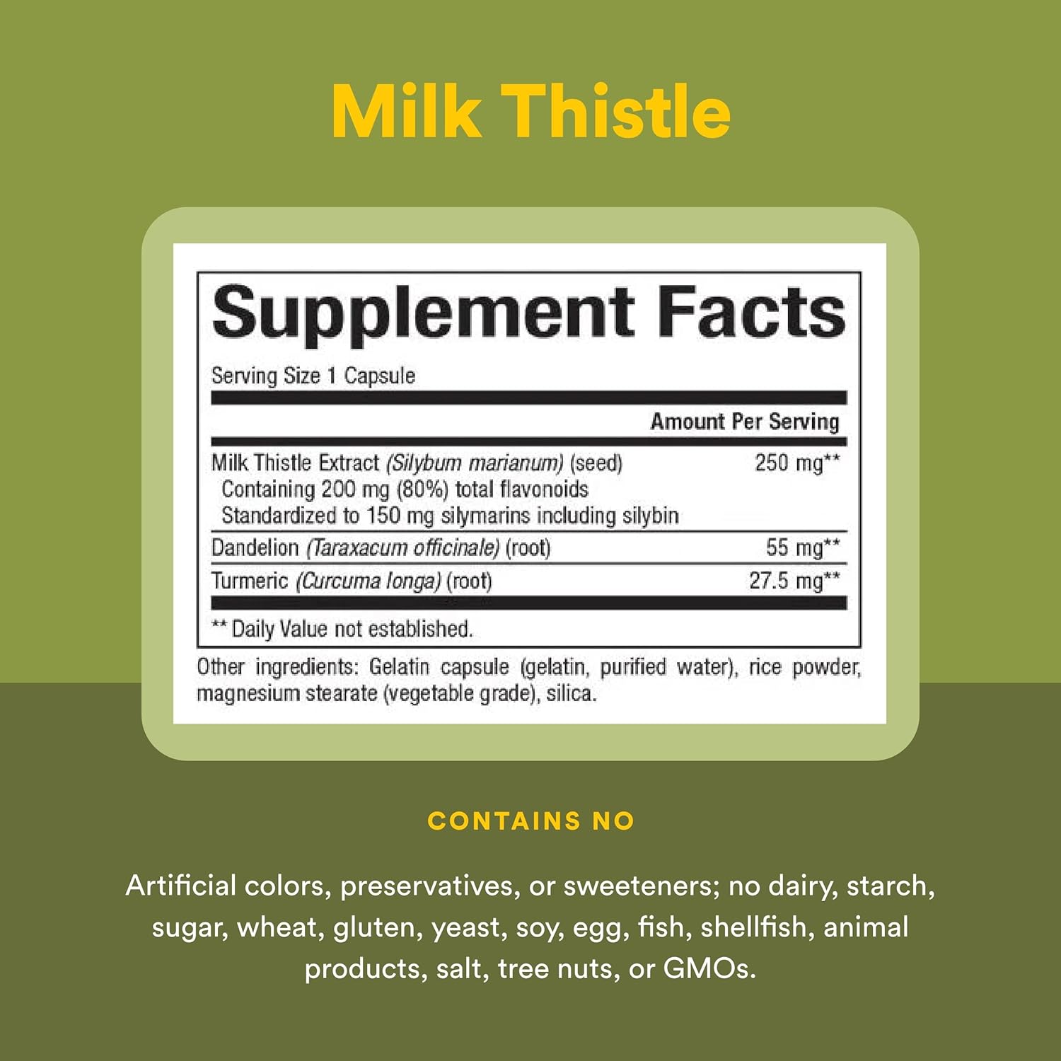 Supplement facts label for Milk Thistle on a green background