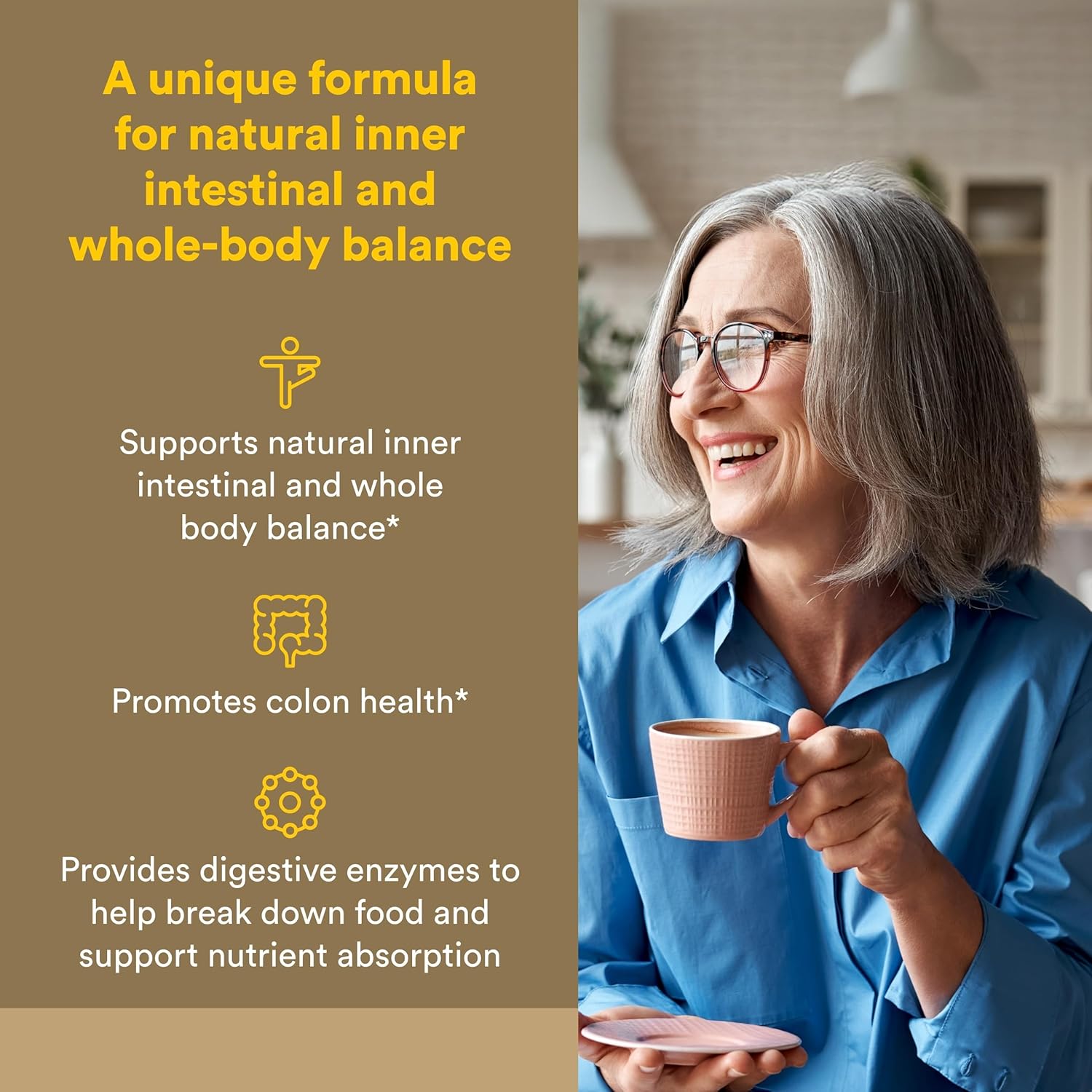 Woman holding a mug with text about natural inner intestinal and whole-body balance support.