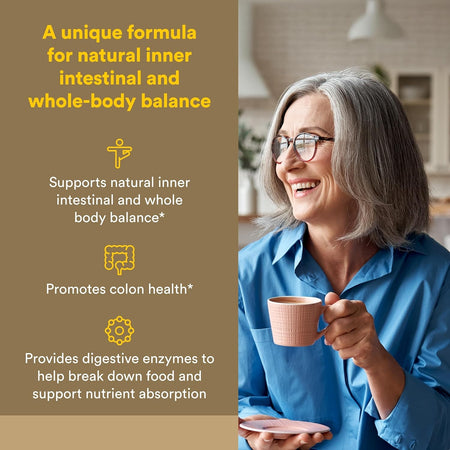 Woman holding a mug with text about natural inner intestinal and whole-body balance support.