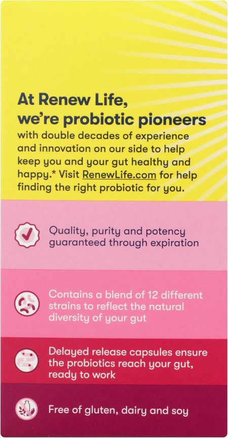 Promotional text for Renew Life probiotics on a yellow and pink background