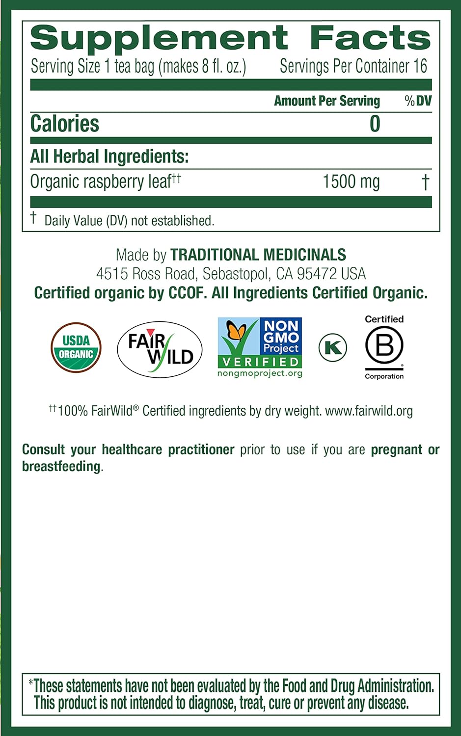 Traditional Medicinals Tea Raspberry Leaf 16bg