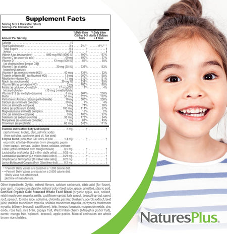 Supplement facts label with a child's face and NaturesPlus branding