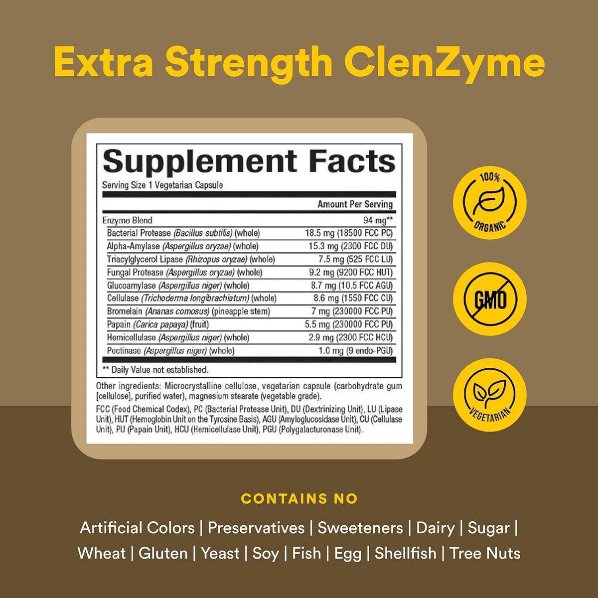 Supplement label for Extra Strength ClenZyme with ingredient list and certification logos on a brown background.