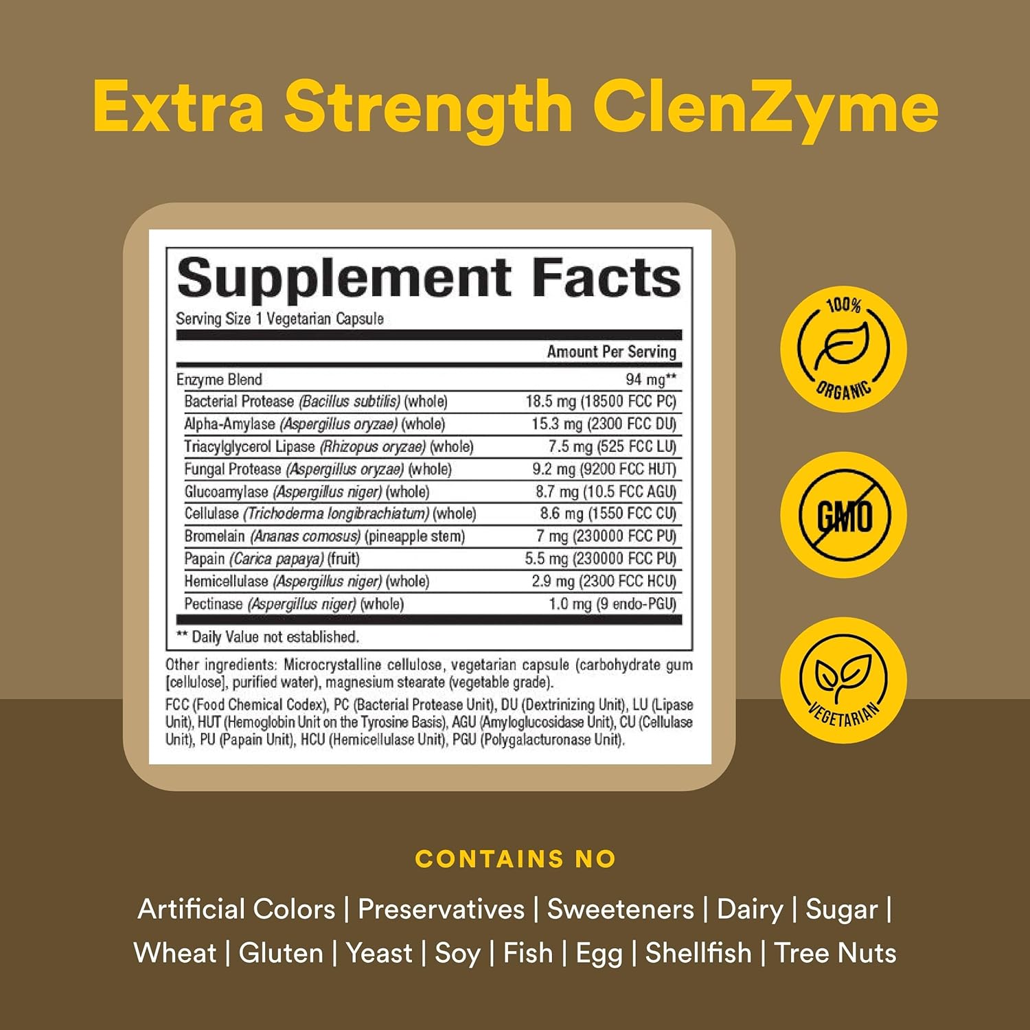 Supplement label for Extra Strength ClenZyme with ingredient list and certification logos on a brown background.