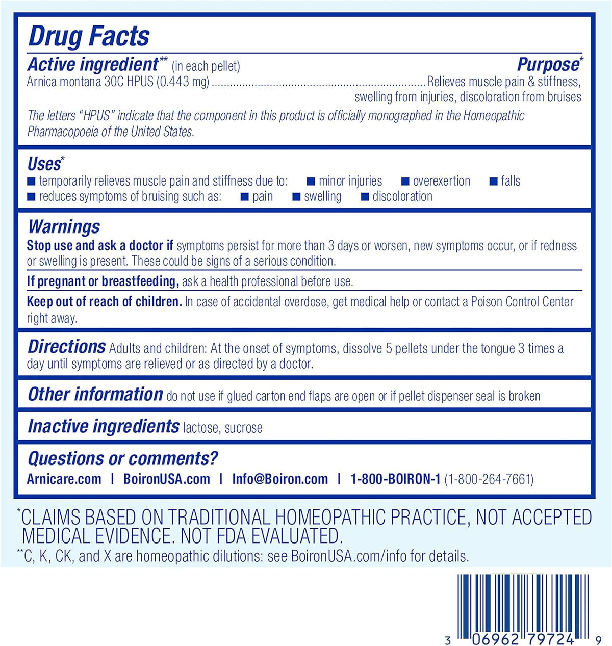 Supplement Facts Boiron Arnica 30C 3pk | Healthway