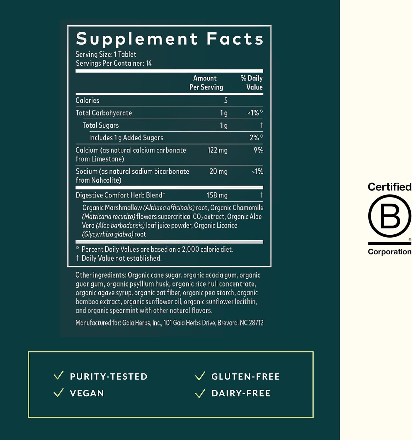 Supplement Facts Gaia Digestive Comfort 14tb | Healthway