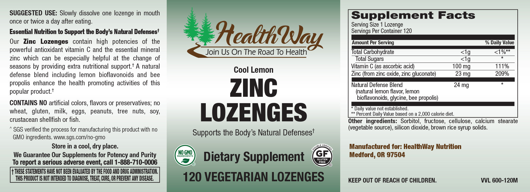 HealthWay Zinc Lozenges 23mg Lemon 120lz