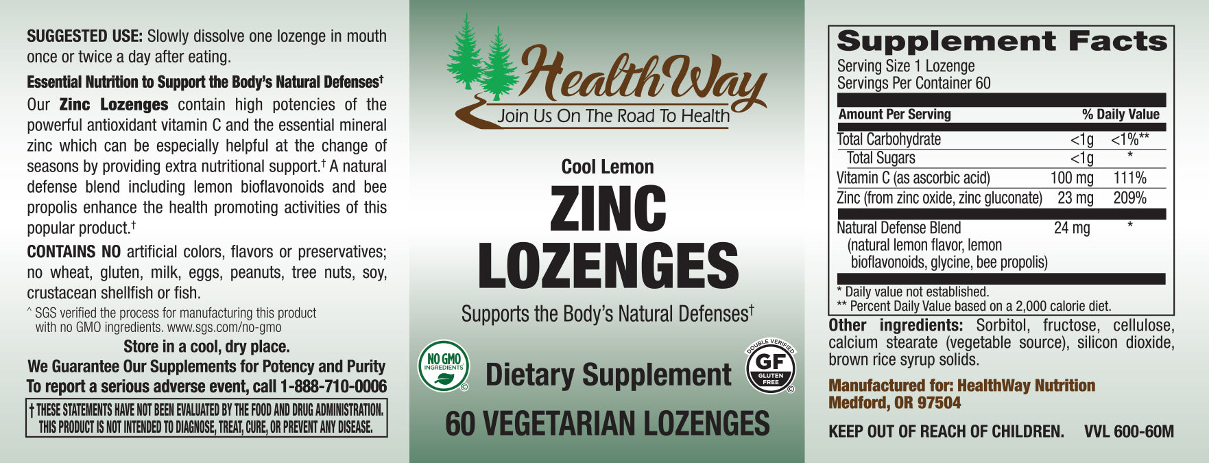 HealthWay Zinc Lozenges 23mg Lemon 60lz