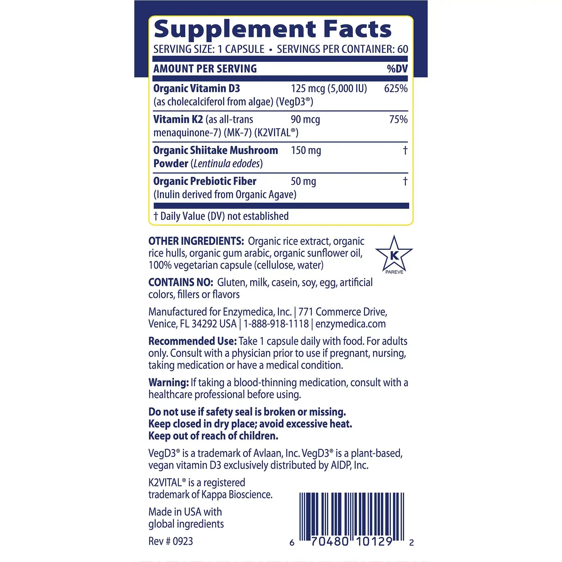 Supplement Facts Enzymedica Vitamin D3 K2 60cp | Healthway