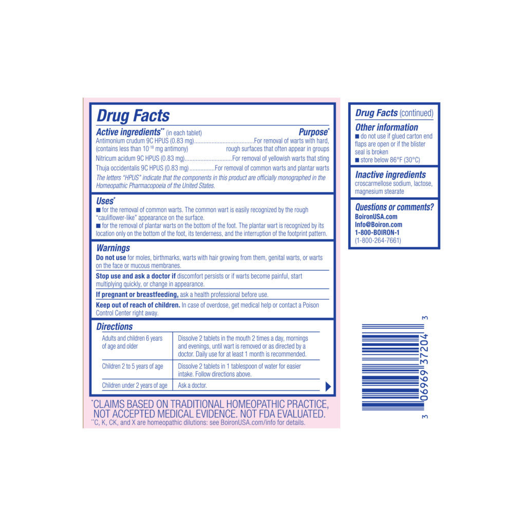 Supplement Facts Boiron WartCalm 60tb | Healthway