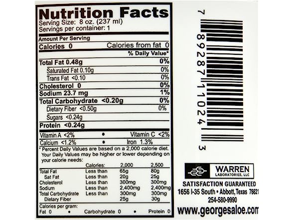 Supplement Facts Georges Aloe 8oz  |  Healthway