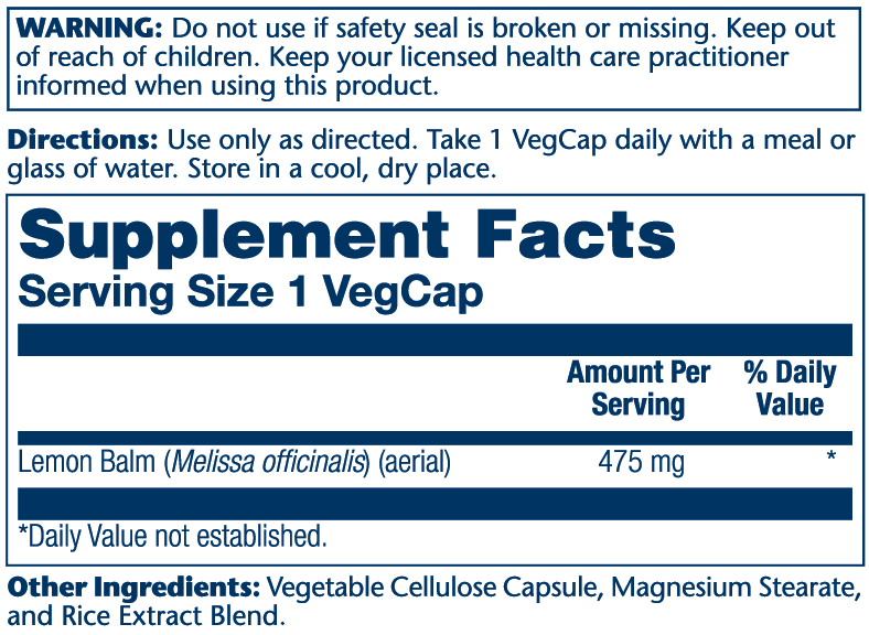 Solaray Lemon Balm 475mg 100cp-[HealthWay]