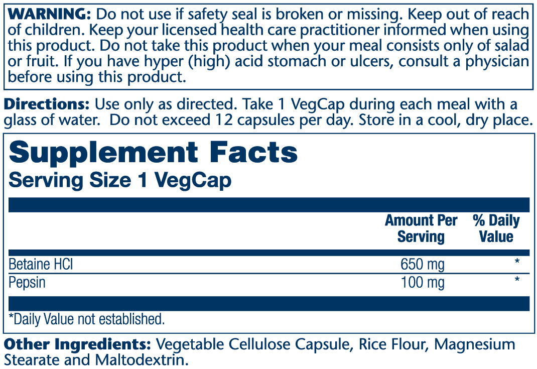 Solaray HCL w/Pepsin 650mg 250cp-[HealthWay]